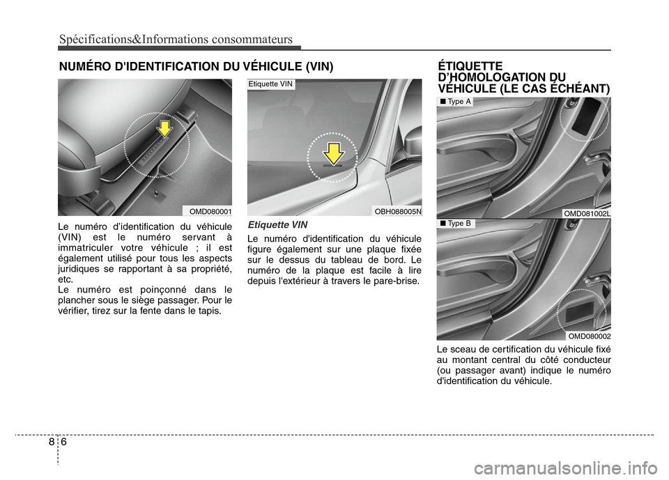 Hyundai Elantra 2012  Manuel du propriétaire (in French) Spécifications&Informations consommateurs
6 8
NUMÉRO DIDENTIFICATION DU VÉHICULE (VIN)
Le numéro d’identification du véhicule
(VIN) est le numéro servant à
immatriculer votre véhicule ; il 