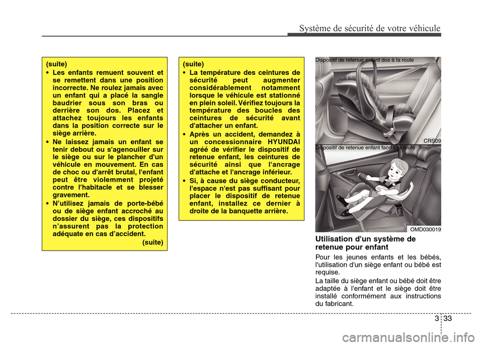Hyundai Elantra 2012 Manuel du propriétaire (in French) 333
Système de sécurité de votre véhicule
Utilisation dun système de
retenue pour enfant
Pour les jeunes enfants et les bébés,
lutilisation dun siège enfant ou bébé est
requise.
La taill Hyundai Elantra 2012 Manuel du propriétaire (in French) 333
Système de sécurité de votre véhicule
Utilisation dun système de
retenue pour enfant
Pour les jeunes enfants et les bébés,
lutilisation dun siège enfant ou bébé est
requise.
La taill