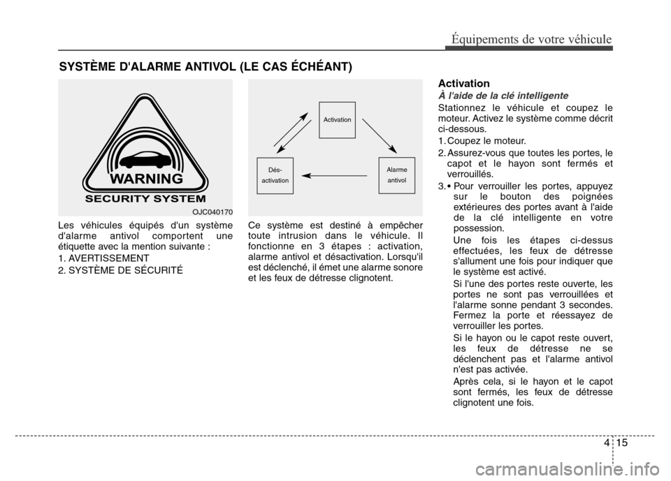 Hyundai Elantra 2012  Manuel du propriétaire (in French) 415
Équipements de votre véhicule
Les véhicules équipés dun système
dalarme antivol comportent une
étiquette avec la mention suivante :
1. AVERTISSEMENT
2. SYSTÈME DE SÉCURITÉCe système e