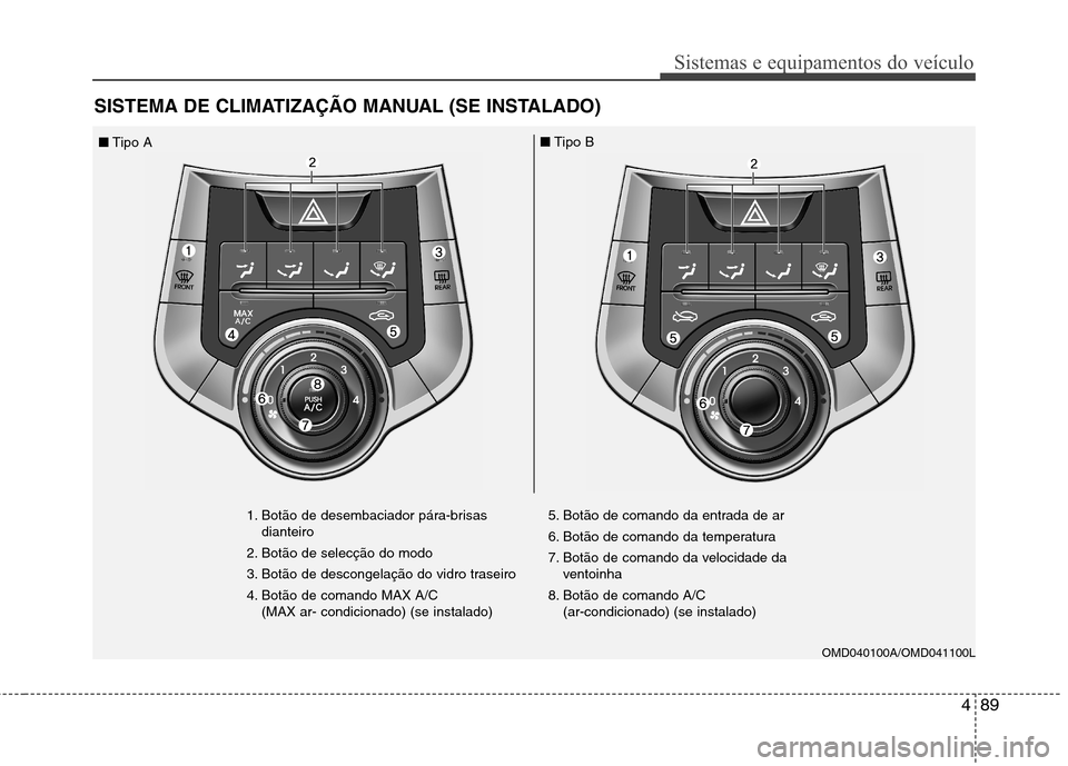 Hyundai Elantra 2012 Manual do proprietário (in Portuguese) 489
Sistemas e equipamentos do veículo
SISTEMA DE CLIMATIZAÇÃO MANUAL (SE INSTALADO)
1. Botão de desembaciador pára-brisasdianteiro
2. Botão de selecção do modo
3. Botão de descongelação d Hyundai Elantra 2012 Manual do proprietário (in Portuguese) 489
Sistemas e equipamentos do veículo
SISTEMA DE CLIMATIZAÇÃO MANUAL (SE INSTALADO)
1. Botão de desembaciador pára-brisasdianteiro
2. Botão de selecção do modo
3. Botão de descongelação d