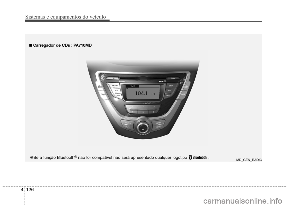 Hyundai Elantra 2012 Manual do proprietário (in Portuguese) Sistemas e equipamentos do veículo
126
4
■■
Carregador de CDs : PA710MD
MD_GEN_RADIO
❋
Se a função Bluetooth ®
não for compatível não será apresentado qualquer logótipo . Hyundai Elantra 2012 Manual do proprietário (in Portuguese) Sistemas e equipamentos do veículo
126
4
■■
Carregador de CDs : PA710MD
MD_GEN_RADIO
❋
Se a função Bluetooth ®
não for compatível não será apresentado qualquer logótipo .