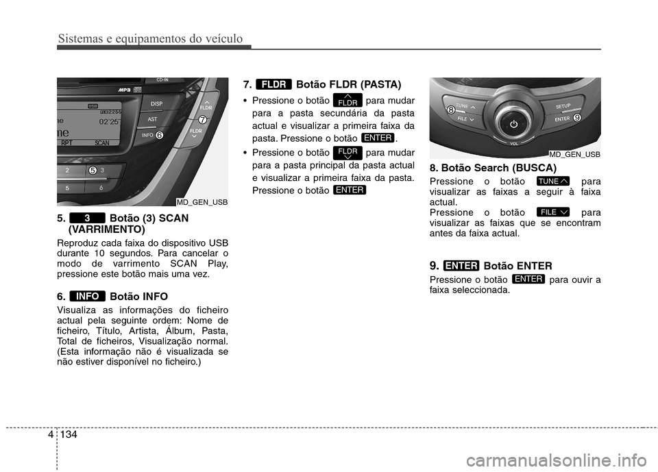 Hyundai Elantra 2012 Manual do proprietário (in Portuguese) Sistemas e equipamentos do veículo
134
4
5. Botão (3) SCAN
(VARRIMENTO)
Reproduz cada faixa do dispositivo USB
durante 10 segundos. Para cancelar o
modo de varrimento SCAN Play,
pressione este bot Hyundai Elantra 2012 Manual do proprietário (in Portuguese) Sistemas e equipamentos do veículo
134
4
5. Botão (3) SCAN
(VARRIMENTO)
Reproduz cada faixa do dispositivo USB
durante 10 segundos. Para cancelar o
modo de varrimento SCAN Play,
pressione este bot