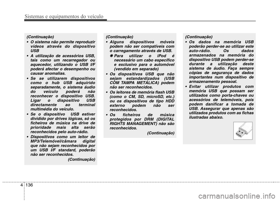 Hyundai Elantra 2012 Manual do proprietário (in Portuguese) Sistemas e equipamentos do veículo
136
4
(Continuação)
O sistema não permite reproduzir vídeos através do dispositivoUSB
A utilização de acessórios USB, tais como um recarregador ouaquecedo Hyundai Elantra 2012 Manual do proprietário (in Portuguese) Sistemas e equipamentos do veículo
136
4
(Continuação)
O sistema não permite reproduzir vídeos através do dispositivoUSB
A utilização de acessórios USB, tais como um recarregador ouaquecedo