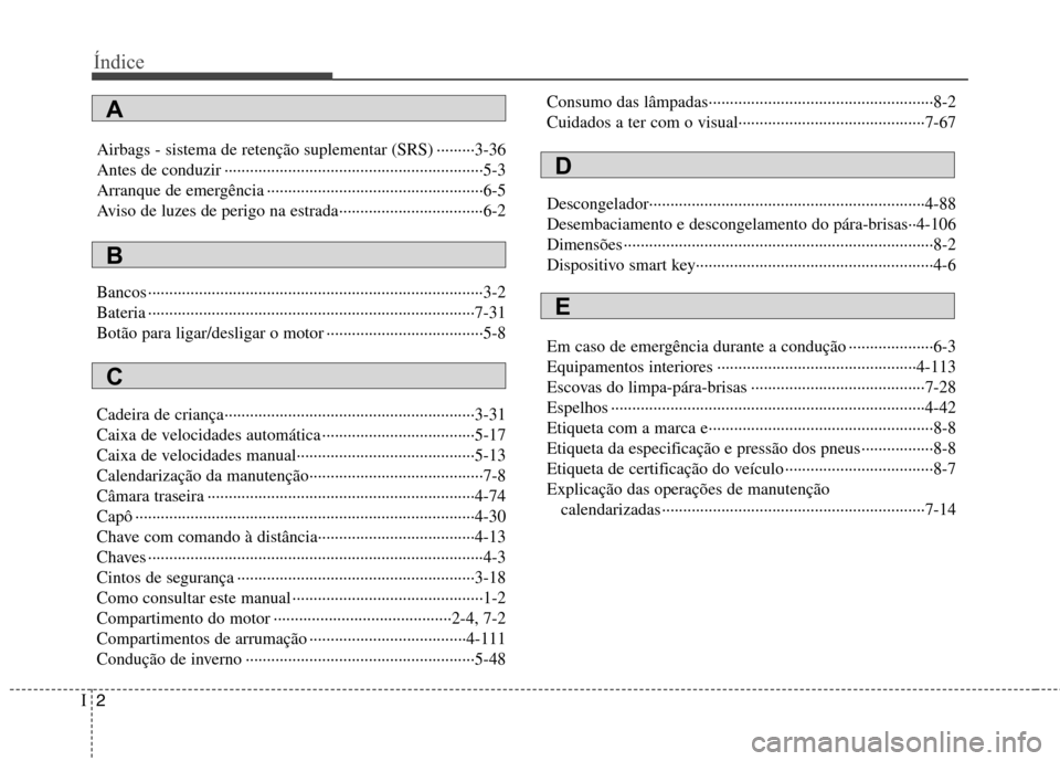 Hyundai Elantra 2012 Manual do proprietário (in Portuguese) Índice
2
I
Airbags - sistema de retenção suplementar (SRS) ·········3-36
Antes de conduzir ················································ Hyundai Elantra 2012 Manual do proprietário (in Portuguese) Índice
2
I
Airbags - sistema de retenção suplementar (SRS) ·········3-36
Antes de conduzir ················································