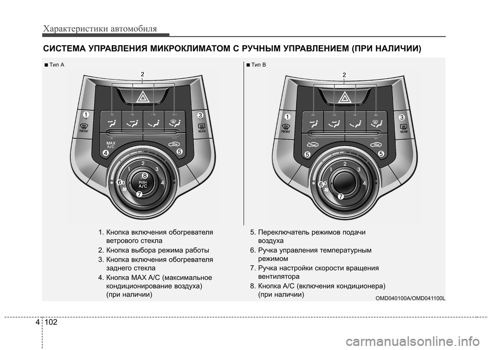 Hyundai Elantra 2012 Инструкция по эксплуатации (in Russian) Характеристики автомобиля
102
4
СИСТЕМА УПРАВЛЕНИЯ МИКРОКЛИМАТОМ С РУЧНЫМ УПРАВЛЕНИЕМ (ПРИ НАЛИЧ ИИ)
1. Кнопка Hyundai Elantra 2012 Инструкция по эксплуатации (in Russian) Характеристики автомобиля
102
4
СИСТЕМА УПРАВЛЕНИЯ МИКРОКЛИМАТОМ С РУЧНЫМ УПРАВЛЕНИЕМ (ПРИ НАЛИЧ ИИ)
1. Кнопка