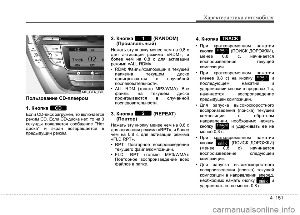 Hyundai Elantra 2012 Инструкция по эксплуатации (in Russian) 4 151
Характеристики автомобиля
Пользование CD-плеером
1. Кнопка
Если CD-диск загружен, то включается
режим CD. Е Hyundai Elantra 2012 Инструкция по эксплуатации (in Russian) 4 151
Характеристики автомобиля
Пользование CD-плеером
1. Кнопка
Если CD-диск загружен, то включается
режим CD. Е