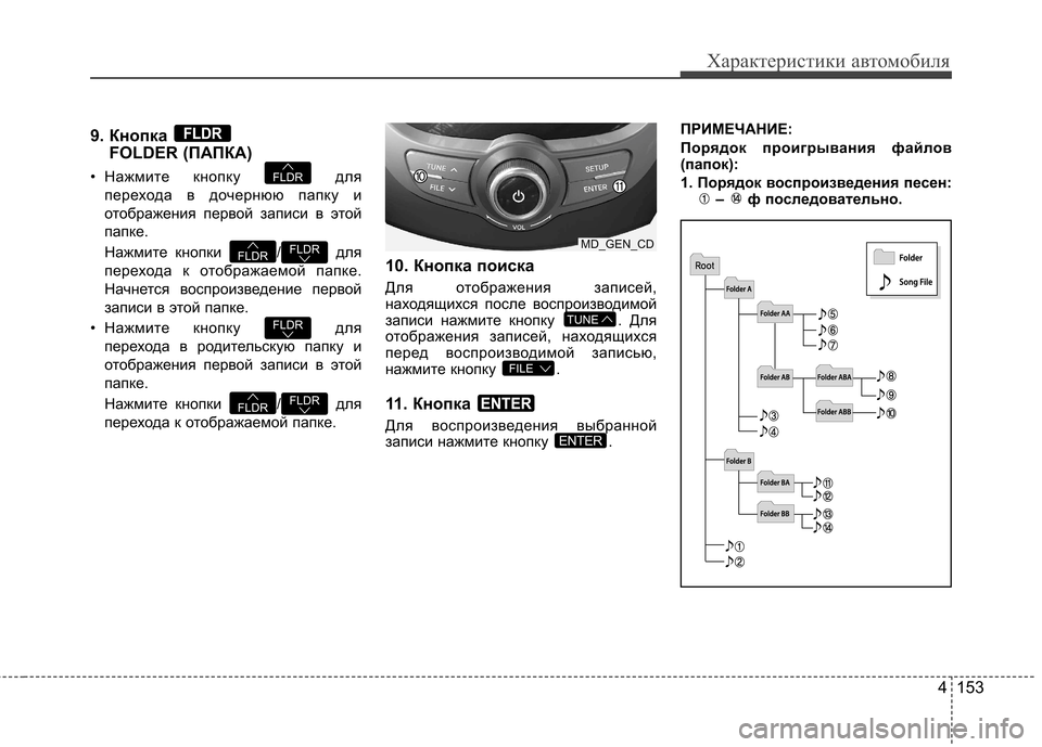 Hyundai Elantra 2012 Инструкция по эксплуатации (in Russian) 4 153
Характеристики автомобиля
9. Кнопка FOLDER (ПАПКА)
• Нажмите кнопку для перехода в дочернюю папку и
отображе Hyundai Elantra 2012 Инструкция по эксплуатации (in Russian) 4 153
Характеристики автомобиля
9. Кнопка FOLDER (ПАПКА)
• Нажмите кнопку для перехода в дочернюю папку и
отображе