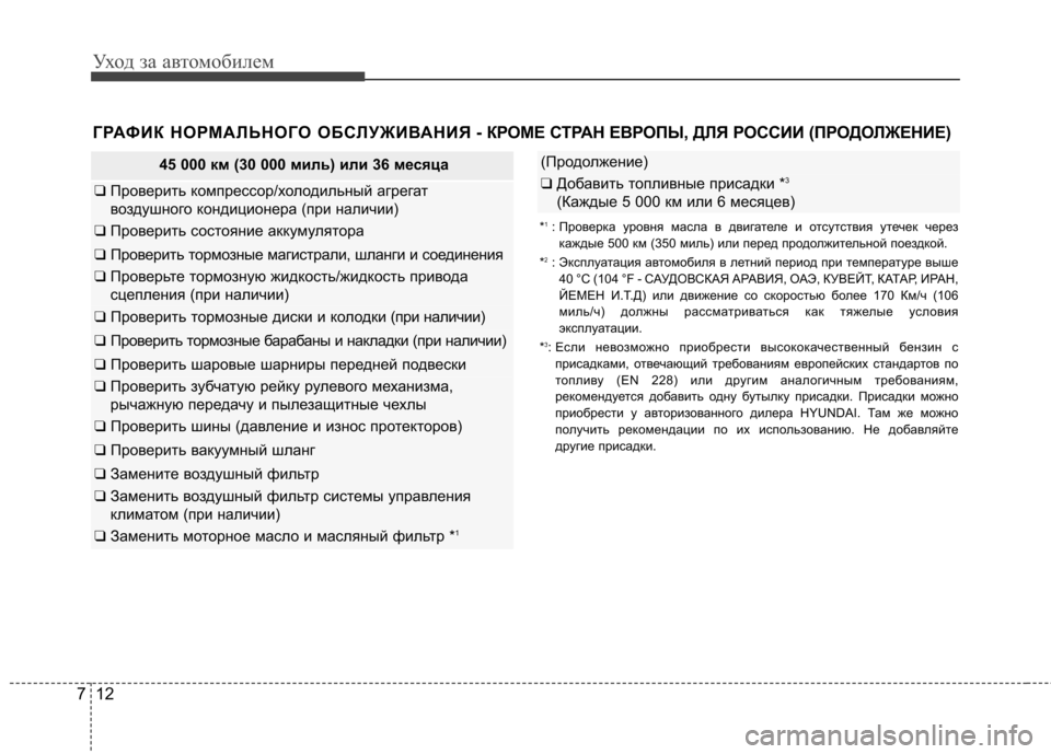 Hyundai Elantra 2012 Инструкция по эксплуатации (in Russian) Уход за автомобилем
12
7
ГРАФИК НОРМАЛЬНОГО ОБСЛУЖИВАНИЯ - КР ОМЕ СТРАН ЕВРОПЫ, ДЛЯ РОССИИ (ПРОДОЛЖЕНИЕ)
45 000 км ( Hyundai Elantra 2012 Инструкция по эксплуатации (in Russian) Уход за автомобилем
12
7
ГРАФИК НОРМАЛЬНОГО ОБСЛУЖИВАНИЯ - КР ОМЕ СТРАН ЕВРОПЫ, ДЛЯ РОССИИ (ПРОДОЛЖЕНИЕ)
45 000 км (