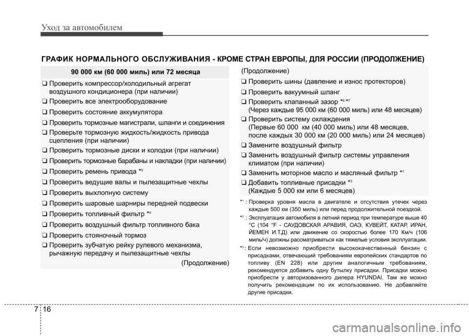 Hyundai Elantra 2012 Инструкция по эксплуатации (in Russian) Уход за автомобилем
16
7
ГРАФИК НОРМАЛЬНОГО ОБСЛУЖИВАНИЯ - КР ОМЕ СТРАН ЕВРОПЫ, ДЛЯ РОССИИ (ПРОДОЛЖЕНИЕ)
90 000 км ( Hyundai Elantra 2012 Инструкция по эксплуатации (in Russian) Уход за автомобилем
16
7
ГРАФИК НОРМАЛЬНОГО ОБСЛУЖИВАНИЯ - КР ОМЕ СТРАН ЕВРОПЫ, ДЛЯ РОССИИ (ПРОДОЛЖЕНИЕ)
90 000 км (