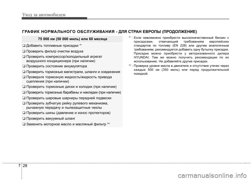 Hyundai Elantra 2012 Инструкция по эксплуатации (in Russian) Уход за автомобилем
28
7
ГРАФИК НОРМАЛЬНОГО ОБСЛУЖИВАНИЯ - ДЛЯ СТРАН ЕВР ОПЫ (ПРОДОЛЖЕНИЕ)
75 000 км (50 000 миль) или Hyundai Elantra 2012 Инструкция по эксплуатации (in Russian) Уход за автомобилем
28
7
ГРАФИК НОРМАЛЬНОГО ОБСЛУЖИВАНИЯ - ДЛЯ СТРАН ЕВР ОПЫ (ПРОДОЛЖЕНИЕ)
75 000 км (50 000 миль) или