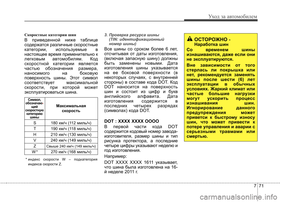 Hyundai Elantra 2012 Инструкция по эксплуатации (in Russian) 771
Уход за автомобилем
Скоростные категории шин
В приведенной ниже таблице
содержатся различные скоростные Hyundai Elantra 2012 Инструкция по эксплуатации (in Russian) 771
Уход за автомобилем
Скоростные категории шин
В приведенной ниже таблице
содержатся различные скоростные