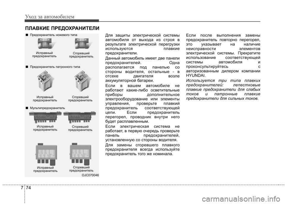 Hyundai Elantra 2012  Инструкция по эксплуатации (in Russian) Уход за автомобилем
74
7
ПЛАВКИЕ ПРЕДОХРАНИТЕЛИ
Для защиты электрической системы 
автомобиля от выхода из стр�