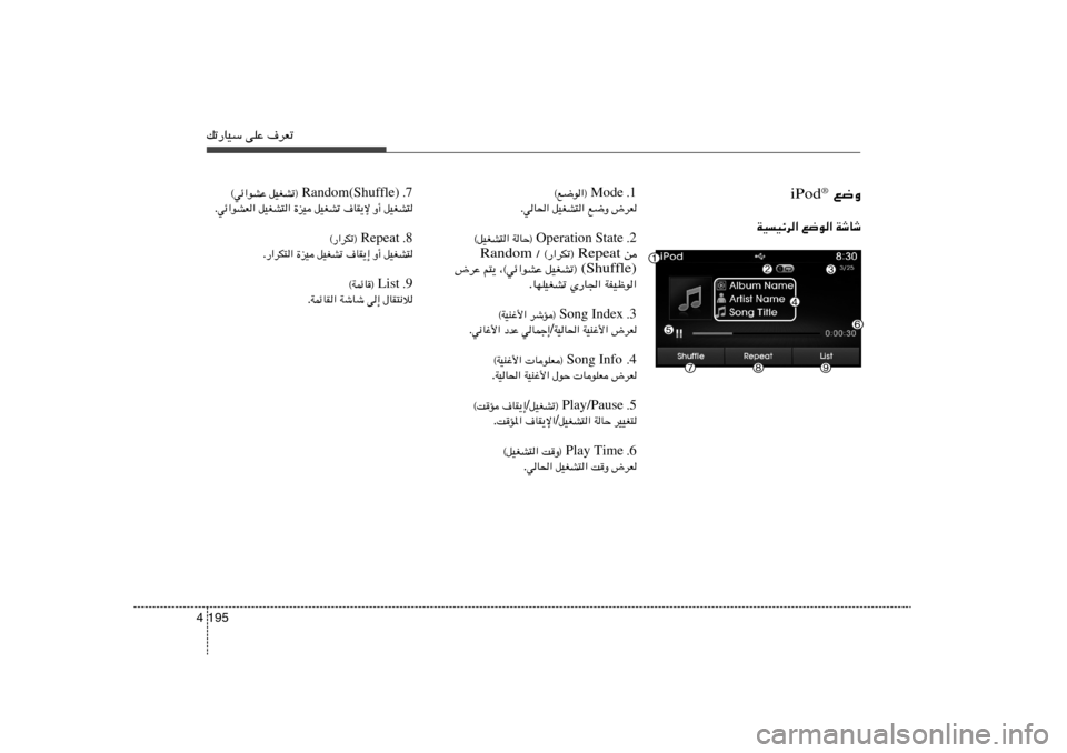 Hyundai Elantra 2012  دليل المالك pð—UOÝ vKŽ ·dFð195 4
 l{Ë iPod®
WýUý   l{u«   WOOzd« 1 Æ  Mode  ©l{u«®
÷dF   l{Ë   qOGA²«   wU(« .
2 Æ  Operation State  WUŠ®   ©qOGA²«
s  Repeat   Ø ©—«dJð