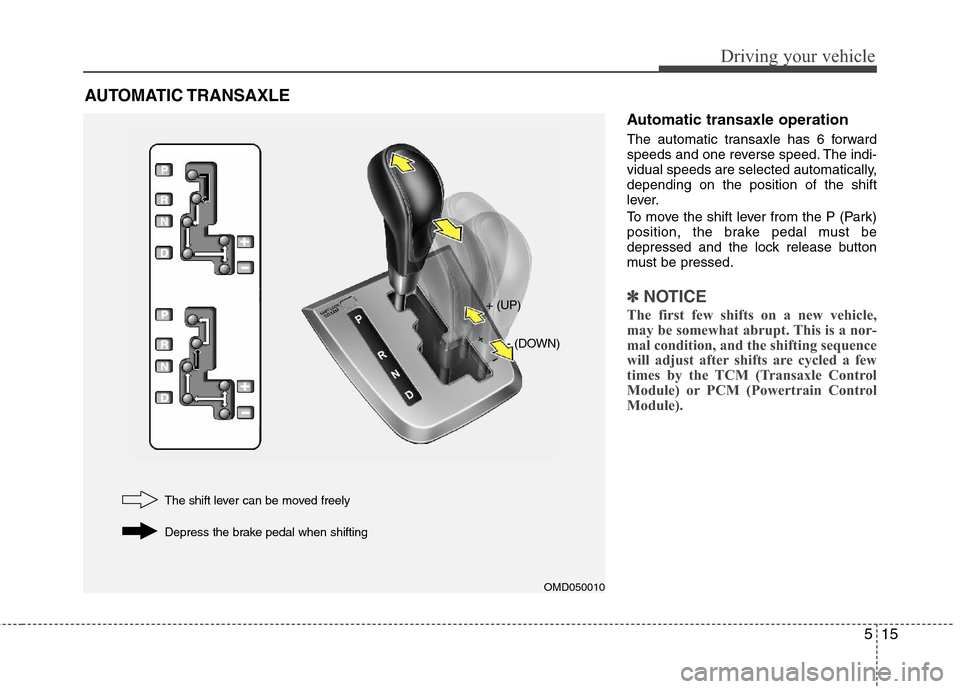 Hyundai Elantra 2011  Owners Manual 515
Driving your vehicle
Automatic transaxle operation
The automatic transaxle has 6 forward
speeds and one reverse speed. The indi-
vidual speeds are selected automatically,
depending on the position