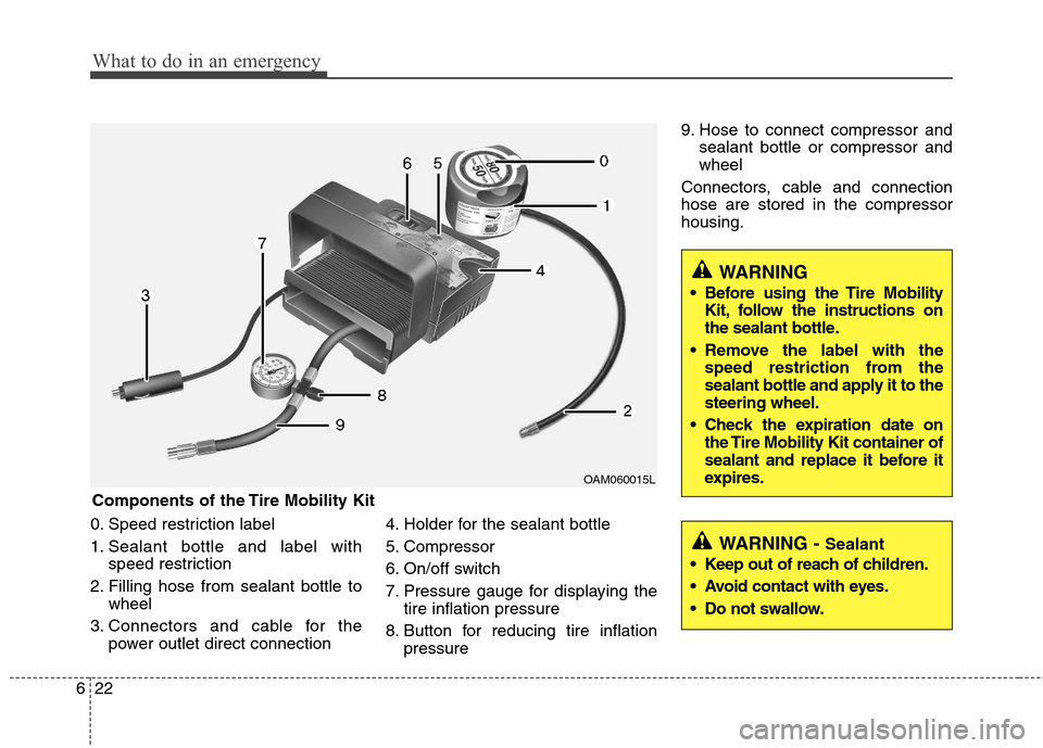 Hyundai Elantra 2011 Owners Manual What to do in an emergency
22 6
0. Speed restriction label
1. Sealant bottle and label with
speed restriction
2. Filling hose from sealant bottle to
wheel
3. Connectors and cable for the
power outlet Hyundai Elantra 2011 Owners Manual What to do in an emergency
22 6
0. Speed restriction label
1. Sealant bottle and label with
speed restriction
2. Filling hose from sealant bottle to
wheel
3. Connectors and cable for the
power outlet