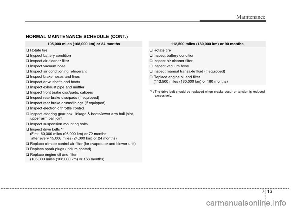 Hyundai Elantra 2011 Owners Manual 713
Maintenance
NORMAL MAINTENANCE SCHEDULE (CONT.)
105,000 miles (168,000 km) or 84 months
❑Rotate tire
❑Inspect battery condition
❑Inspect air cleaner filter
❑Inspect vacuum hose
❑Inspect Hyundai Elantra 2011 Owners Manual 713
Maintenance
NORMAL MAINTENANCE SCHEDULE (CONT.)
105,000 miles (168,000 km) or 84 months
❑Rotate tire
❑Inspect battery condition
❑Inspect air cleaner filter
❑Inspect vacuum hose
❑Inspect