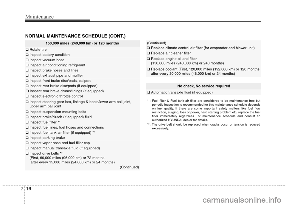 Hyundai Elantra 2011  Owners Manual Maintenance
16 7
150,000 miles (240,000 km) or 120 months
❑Rotate tire
❑Inspect battery condition
❑Inspect vacuum hose
❑Inspect air conditioning refrigerant
❑Inspect brake hoses and lines
�