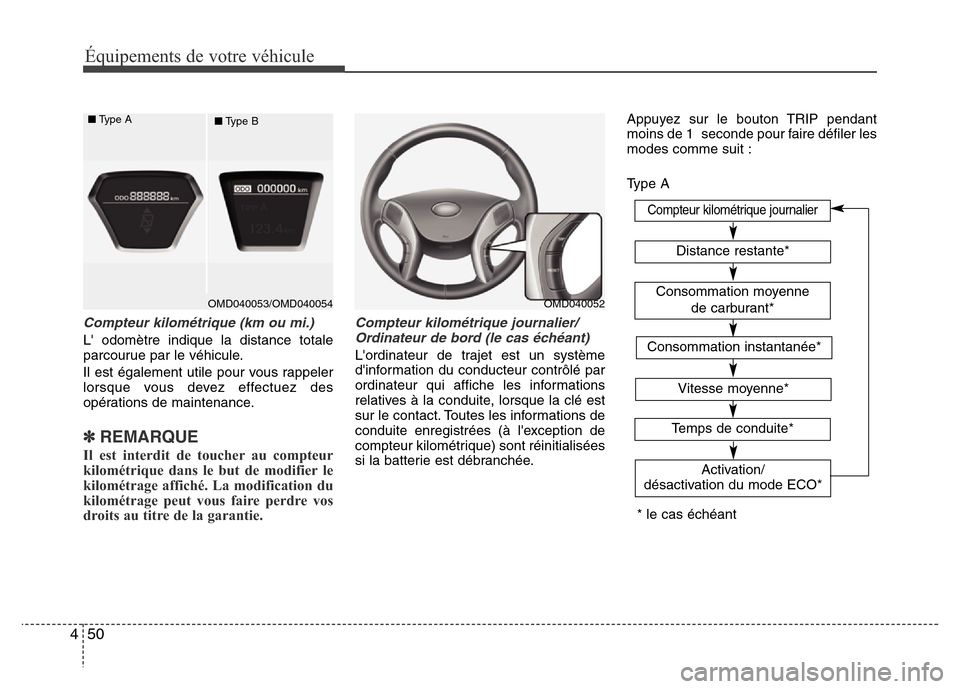 Hyundai Elantra 2011  Manuel du propriétaire (in French) Équipements de votre véhicule
50 4
Compteur kilométrique (km ou mi.)
L odomètre indique la distance totale
parcourue par le véhicule.
Il est également utile pour vous rappeler
lorsque vous deve