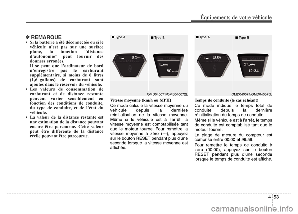 Hyundai Elantra 2011  Manuel du propriétaire (in French) 453
Équipements de votre véhicule
✽ REMARQUE• Si la batterie a été déconnectée ou si le
véhicule n’est pas sur une surface
plane, la fonction "distance
dautonomie" peut fournir des
donn