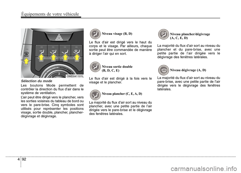 Hyundai Elantra 2011 Manuel du propriétaire (in French) Équipements de votre véhicule
92 4
Sélection du mode
Les boutons Mode permettent de
contrôler la direction du flux d’air dans le
système de ventilation.
L’air peut être dirigé vers le planc Hyundai Elantra 2011 Manuel du propriétaire (in French) Équipements de votre véhicule
92 4
Sélection du mode
Les boutons Mode permettent de
contrôler la direction du flux d’air dans le
système de ventilation.
L’air peut être dirigé vers le planc