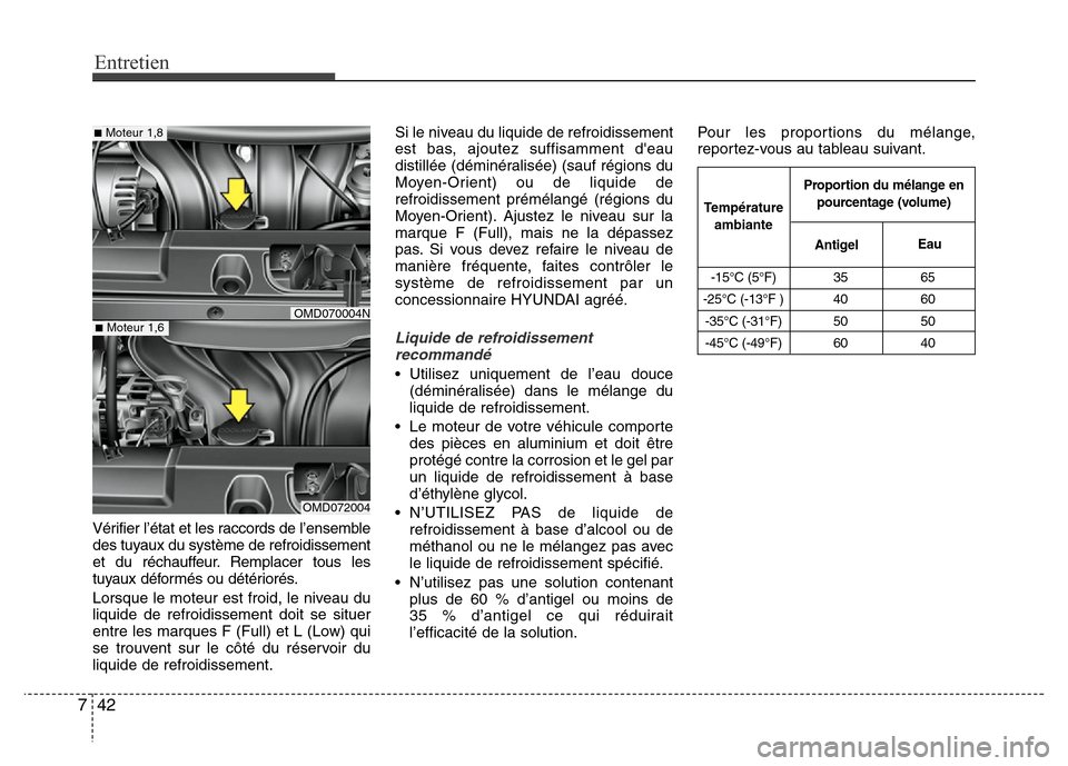 Hyundai Elantra 2011 Manuel du propriétaire (in French) Entretien
42 7
Vérifier l’état et les raccords de l’ensemble
des tuyaux du système de refroidissement
et du réchauffeur. Remplacer tous les
tuyaux déformés ou détériorés.
Lorsque le moteu Hyundai Elantra 2011 Manuel du propriétaire (in French) Entretien
42 7
Vérifier l’état et les raccords de l’ensemble
des tuyaux du système de refroidissement
et du réchauffeur. Remplacer tous les
tuyaux déformés ou détériorés.
Lorsque le moteu