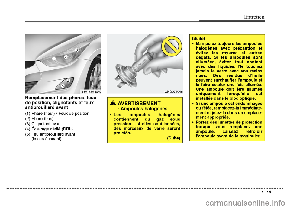 Hyundai Elantra 2011  Manuel du propriétaire (in French) 779
Entretien
Remplacement des phares, feux
de position, clignotants et feux
antibrouillard avant
(1) Phare (haut) / Feux de position
(2) Phare (bas)
(3) Clignotant avant
(4) Éclairage dédié (DRL)
