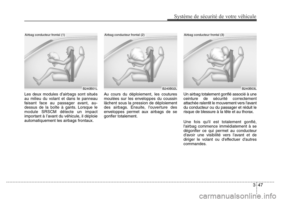 Hyundai Elantra 2011  Manuel du propriétaire (in French) 347
Système de sécurité de votre véhicule 
Les deux modules d’airbags sont situés
au milieu du volant et dans le panneau
faisant face au passager avant, au-
dessus de la boîte à gants. Lorsqu