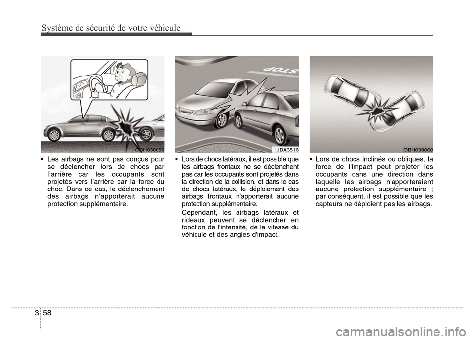 Hyundai Elantra 2011  Manuel du propriétaire (in French) Système de sécurité de votre véhicule 
58 3
• Les airbags ne sont pas conçus pour
se déclencher lors de chocs par
l’arrière car les occupants sont
projetés vers l’arrière par la force d