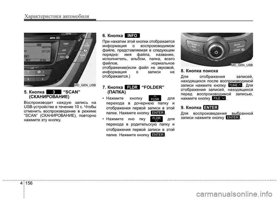 Hyundai Elantra 2011  Инструкция по эксплуатации (in Russian) Характер\bст\bк\b авто\fоб\bля
156
4
5. Кнопка  “SCAN”
(СКАНИРОБ_АНИЕ)
Воспроизводит кGЬждуGL зGЬпись нGЬ
USB-устройстве в