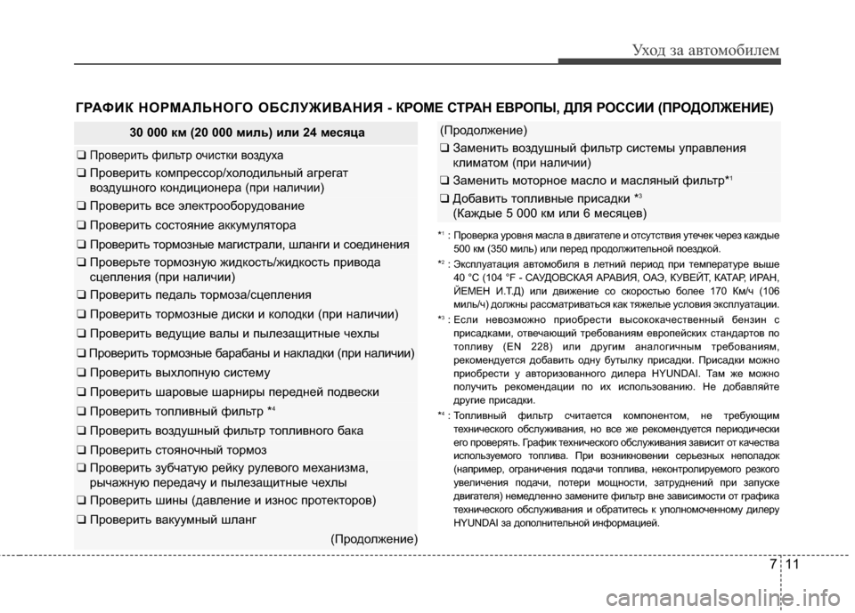 Hyundai Elantra 2011  Инструкция по эксплуатации (in Russian) 711
Уход за а\bтомоб\fлем
30 000 км (20 000 миль) или 24 месяца
❑ ПроGЛерG;ть фG;льтр очG;сткG; GЛоздуха
❑ ПроGЛерG;ть компрес