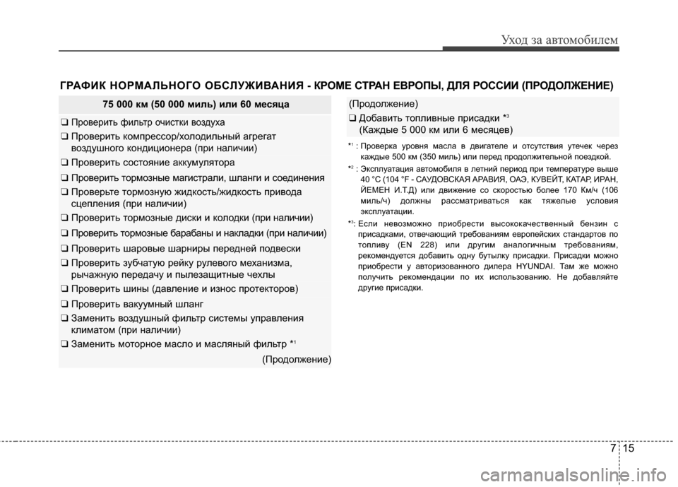 Hyundai Elantra 2011  Инструкция по эксплуатации (in Russian) 715
Уход за а\bтомоб\fлем
75 000 км (50 000 миль) или 60 месяца
❑ ПроGЛерG;ть фG;льтр очG;сткG; GЛоздуха
❑ ПроGЛерG;ть компрес