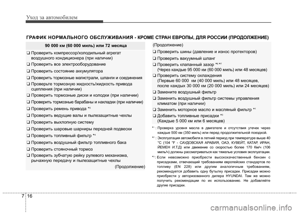 Hyundai Elantra 2011  Инструкция по эксплуатации (in Russian) Уход за а\bтомоб\fлем
16
7
ГРАФИК НОРМАFLЬНОГО ОБСFLУЖИFbАНИЯ - КР ОМЕ СТРАН ЕFbРОПЫ, ДFLЯ РОССИИ (ПРОДОFLЖЕНИЕ)
90 000 км (