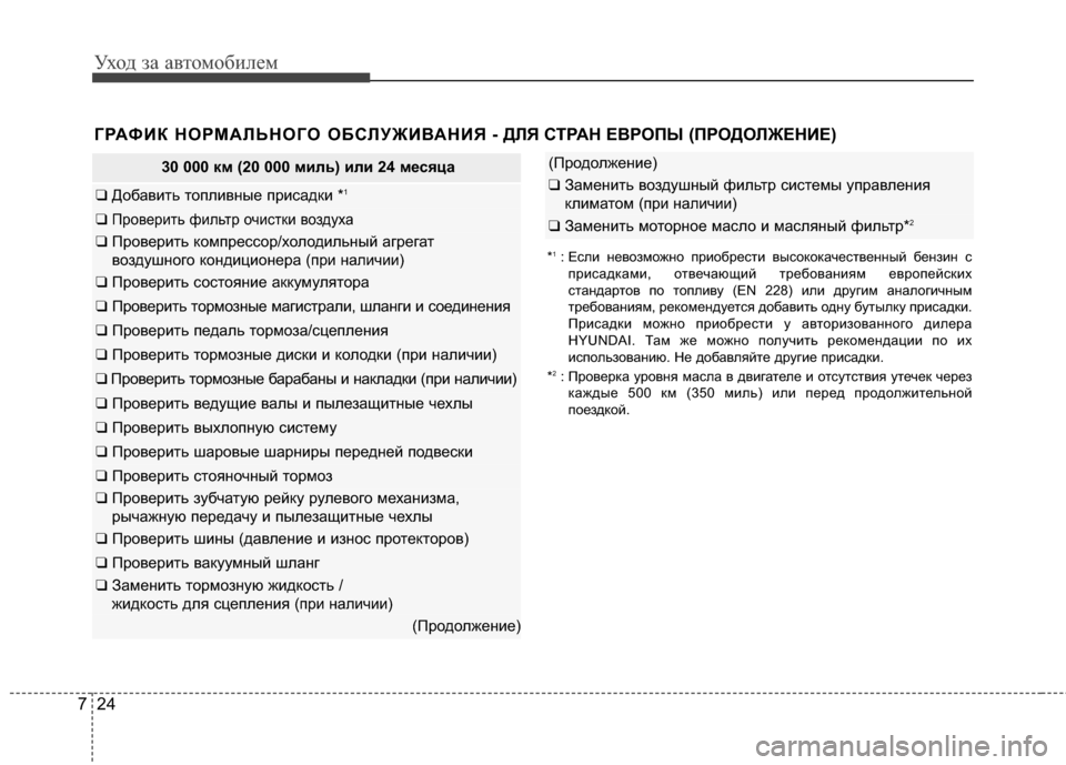 Hyundai Elantra 2011  Инструкция по эксплуатации (in Russian) Уход за а\bтомоб\fлем
24
7
ГРАФИК НОРМАFLЬНОГО ОБСFLУЖИFbАНИЯ - ДFLЯ СТРАН ЕFbР ОПЫ (ПРОДОFLЖЕНИЕ) 
30 000 км (20 000 миль) или 