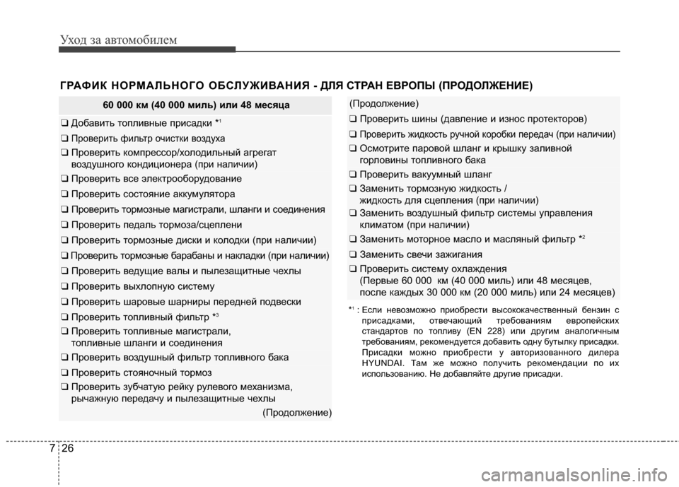 Hyundai Elantra 2011  Инструкция по эксплуатации (in Russian) Уход за а\bтомоб\fлем
26
7
ГРАФИК НОРМАFLЬНОГО ОБСFLУЖИFbАНИЯ - ДFLЯ СТРАН ЕFbР ОПЫ (ПРОДОFLЖЕНИЕ) 
60 000 км (40 000 миль) или 