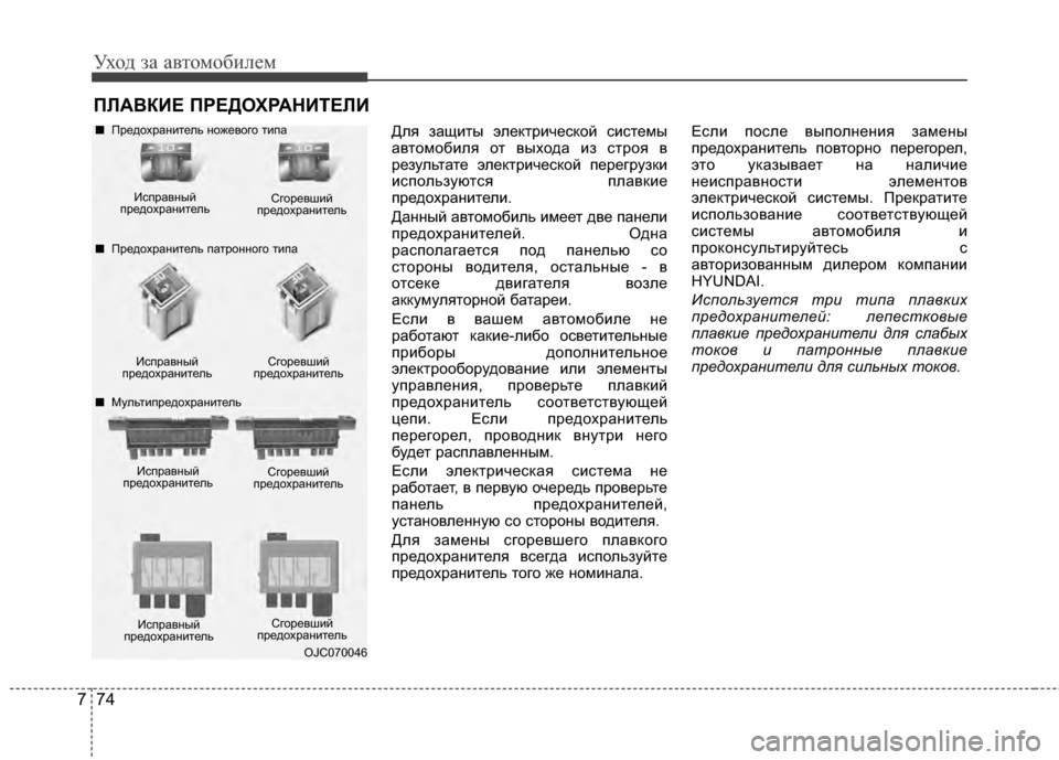 Hyundai Elantra 2011  Инструкция по эксплуатации (in Russian) Уход за а\bтомоб\fлем
74
7
ПFLАFbКИЕ ПРЕДОХРАНИТЕFLИ
Для защG;ты электрG;ческой сG;стемы
аGЛтомобG;ля от GЛыхода G;з стр