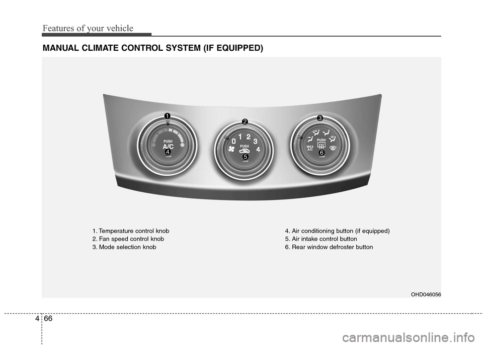 Hyundai Elantra 2010 Owners Manual
Features of your vehicle
66
4
MANUAL CLIMATE CONTROL SYSTEM (IF EQUIPPED)
OHD046056
1. Temperature control knob
2. Fan speed control knob
3. Mode selection knob 4. Air conditioning button (if equippe Hyundai Elantra 2010 Owners Manual
Features of your vehicle
66
4
MANUAL CLIMATE CONTROL SYSTEM (IF EQUIPPED)
OHD046056
1. Temperature control knob
2. Fan speed control knob
3. Mode selection knob 4. Air conditioning button (if equippe
