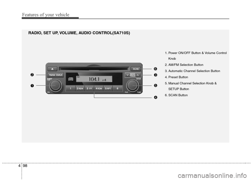 Hyundai Elantra 2010 Owners Manual
Features of your vehicle
98
4
1. Power ON/OFF Button & Volume Control
Knob
2. AM/FM Selection Button
3. Automatic Channel Selection Button
4. Preset Button
5. Manual Channel Selection Knob & SETUP B Hyundai Elantra 2010 Owners Manual
Features of your vehicle
98
4
1. Power ON/OFF Button & Volume Control
Knob
2. AM/FM Selection Button
3. Automatic Channel Selection Button
4. Preset Button
5. Manual Channel Selection Knob & SETUP B