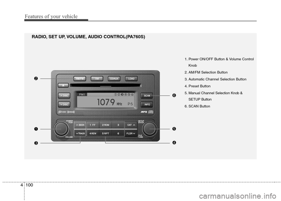 Hyundai Elantra 2010 Owners Manual
Features of your vehicle
100
4
1. Power ON/OFF Button & Volume Control
Knob
2. AM/FM Selection Button
3. Automatic Channel Selection Button
4. Preset Button
5. Manual Channel Selection Knob & SETUP Hyundai Elantra 2010 Owners Manual
Features of your vehicle
100
4
1. Power ON/OFF Button & Volume Control
Knob
2. AM/FM Selection Button
3. Automatic Channel Selection Button
4. Preset Button
5. Manual Channel Selection Knob & SETUP