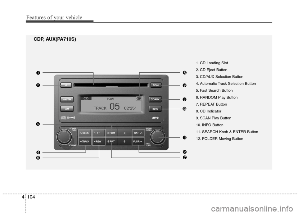 Hyundai Elantra 2010 Owners Manual
Features of your vehicle
104
4
1. CD Loading Slot
2. CD Eject Button
3. CD/AUX Selection Button
4. Automatic Track Selection Button
5. Fast Search Button
6. RANDOM Play Button
7. REPEAT Button
8. CD Hyundai Elantra 2010 Owners Manual
Features of your vehicle
104
4
1. CD Loading Slot
2. CD Eject Button
3. CD/AUX Selection Button
4. Automatic Track Selection Button
5. Fast Search Button
6. RANDOM Play Button
7. REPEAT Button
8. CD