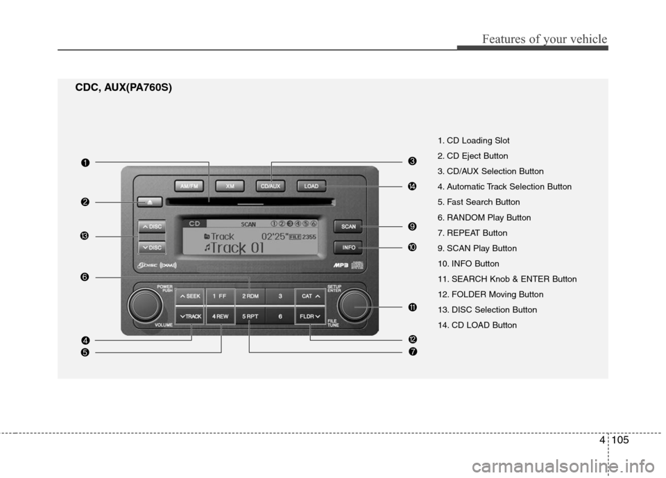 Hyundai Elantra 2010 Owners Manual
4105
Features of your vehicle
CDC, AUX(PA760S)
1. CD Loading Slot
2. CD Eject Button
3. CD/AUX Selection Button
4. Automatic Track Selection Button
5. Fast Search Button
6. RANDOM Play Button
7. RE Hyundai Elantra 2010 Owners Manual
4105
Features of your vehicle
CDC, AUX(PA760S)
1. CD Loading Slot
2. CD Eject Button
3. CD/AUX Selection Button
4. Automatic Track Selection Button
5. Fast Search Button
6. RANDOM Play Button
7. RE