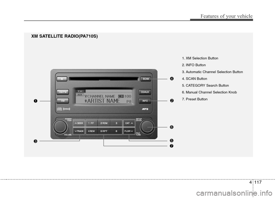 Hyundai Elantra 2010 Owners Manual
4117
Features of your vehicle
1. XM Selection Button
2. INFO Button
3. Automatic Channel Selection Button
4. SCAN Button
5. CATEGORY Search Button
6. Manual Channel Selection Knob
7. Preset Button
X Hyundai Elantra 2010 Owners Manual
4117
Features of your vehicle
1. XM Selection Button
2. INFO Button
3. Automatic Channel Selection Button
4. SCAN Button
5. CATEGORY Search Button
6. Manual Channel Selection Knob
7. Preset Button
X