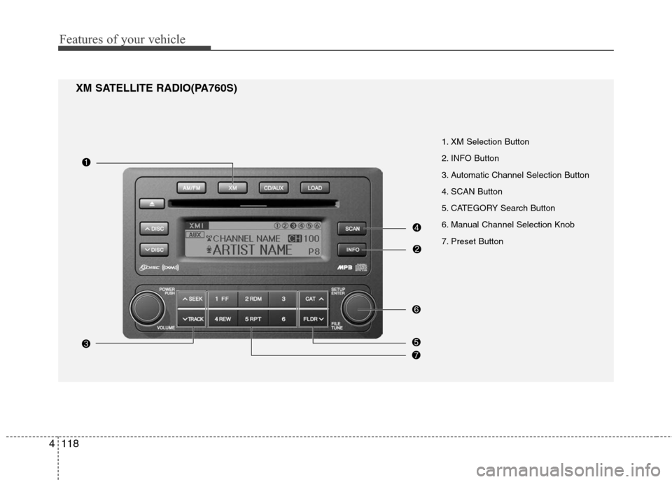 Hyundai Elantra 2010 Owners Manual
Features of your vehicle
118
4
XM SATELLITE RADIO(PA760S)
1. XM Selection Button
2. INFO Button
3. Automatic Channel Selection Button
4. SCAN Button
5. CATEGORY Search Button
6. Manual Channel Selec Hyundai Elantra 2010 Owners Manual
Features of your vehicle
118
4
XM SATELLITE RADIO(PA760S)
1. XM Selection Button
2. INFO Button
3. Automatic Channel Selection Button
4. SCAN Button
5. CATEGORY Search Button
6. Manual Channel Selec
