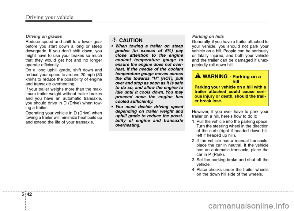 Hyundai Elantra 2010  Owners Manual 
Driving your vehicle
42
5
Driving on grades 
Reduce speed and shift to a lower gear
before you start down a long or steep
downgrade. If you don’t shift down, you
might have to use your brakes so mu
