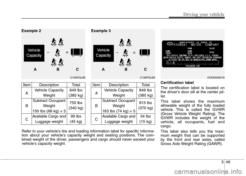 Hyundai Elantra 2010  Owners Manual 
549
Driving your vehilcle
Certification label
The certification label is located on
the drivers door sill at the center pil-
lar.
This label shows the maximum
allowable weight of the fully loaded
ve