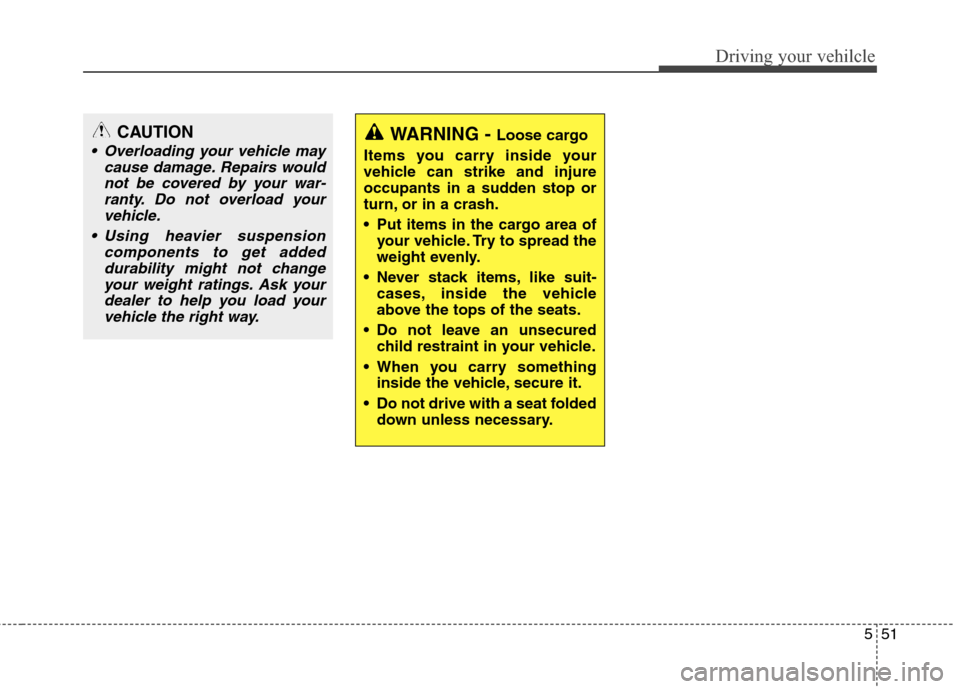 Hyundai Elantra 2010  Owners Manual 
551
Driving your vehilcle
WARNING - Loose cargo
Items you carry inside your
vehicle can strike and injure
occupants in a sudden stop or
turn, or in a crash.
 Put items in the cargo area of your vehic