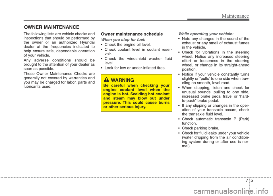 Hyundai Elantra 2010  Owners Manual 
75
Maintenance
OWNER MAINTENANCE 
The following lists are vehicle checks and
inspections that should be performed by
the owner or an authorized Hyundai
dealer at the frequencies indicated to
help ens