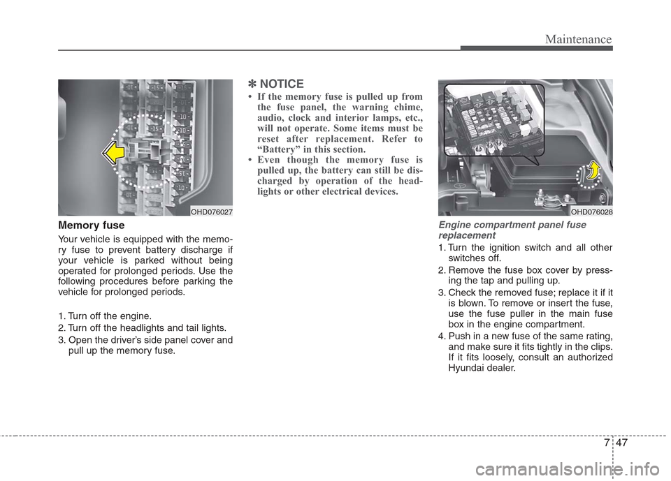 Hyundai Elantra 2010  Owners Manual 
747
Maintenance
Memory fuse
Your vehicle is equipped with the memo-
ry fuse to prevent battery discharge if
your vehicle is parked without being
operated for prolonged periods. Use the
following proc