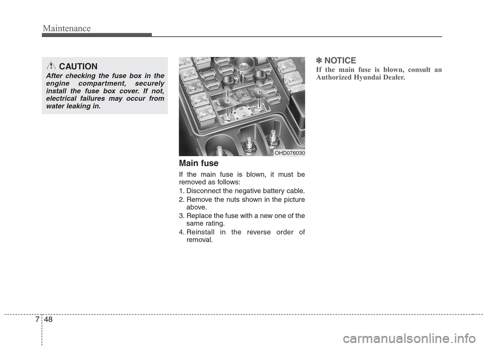 Hyundai Elantra 2010  Owners Manual 
Maintenance
48
7
Main fuse
If the main fuse is blown, it must be
removed as follows:
1. Disconnect the negative battery cable.
2. Remove the nuts shown in the picture
above.
3. Replace the fuse with 