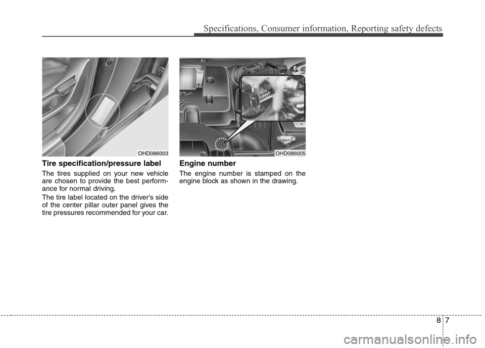 Hyundai Elantra 2010 Owners Manual
87
Specifications, Consumer information, Reporting safety defects
Tire specification/pressure label
The tires supplied on your new vehicle
are chosen to provide the best perform-
ance for normal driv Hyundai Elantra 2010 Owners Manual
87
Specifications, Consumer information, Reporting safety defects
Tire specification/pressure label
The tires supplied on your new vehicle
are chosen to provide the best perform-
ance for normal driv
