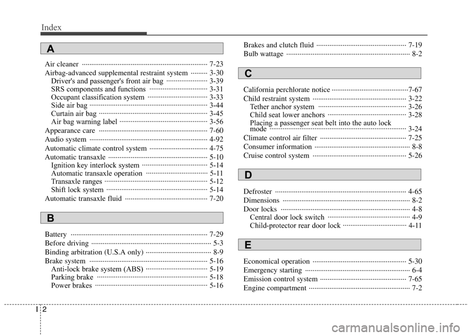 Hyundai Elantra 2010  Owners Manual 
Index
2I
Air cleaner  ··················\
··················\
··················\
············· 7-23
Airbag-advanced supplemental re